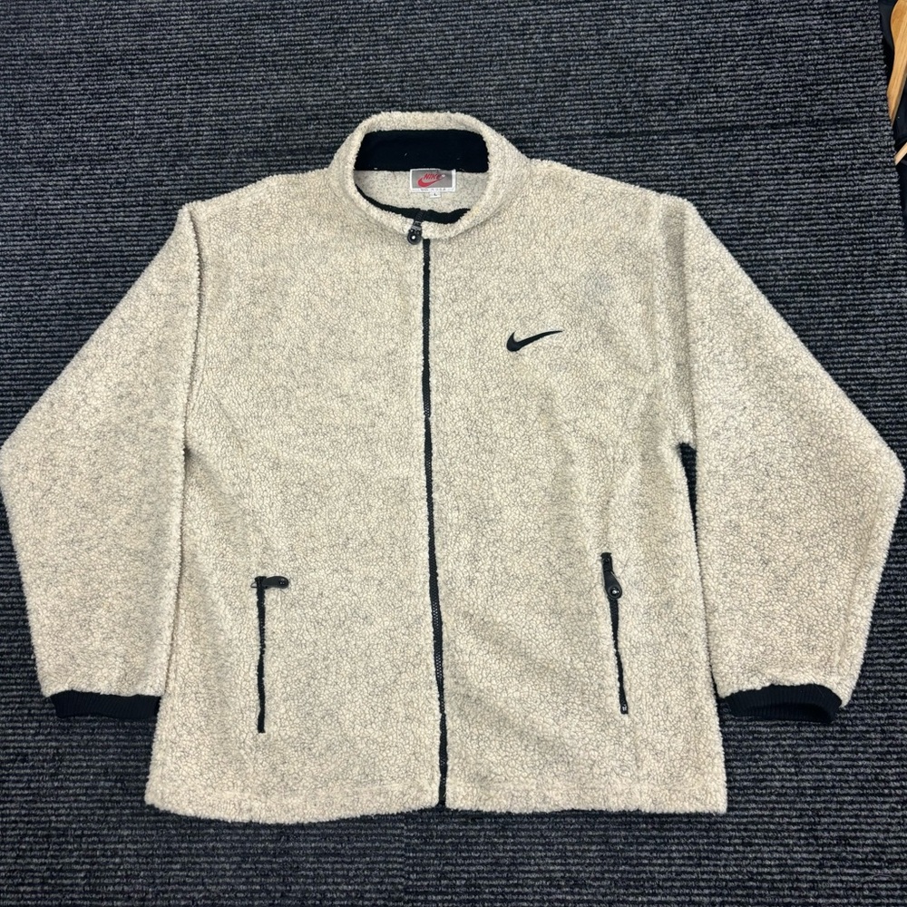 Vintage 80s Nike Jacket Men L Beige Sherpa Fleece Full Zip Swoosh Made In USA